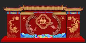 中式古典雕花红色屏风