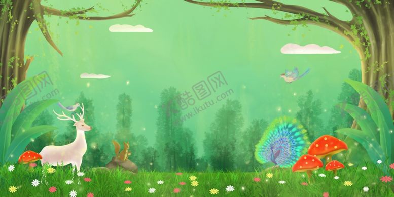 编号：91673302190036043973【酷图网】源文件下载-绿色森林动物插画背景