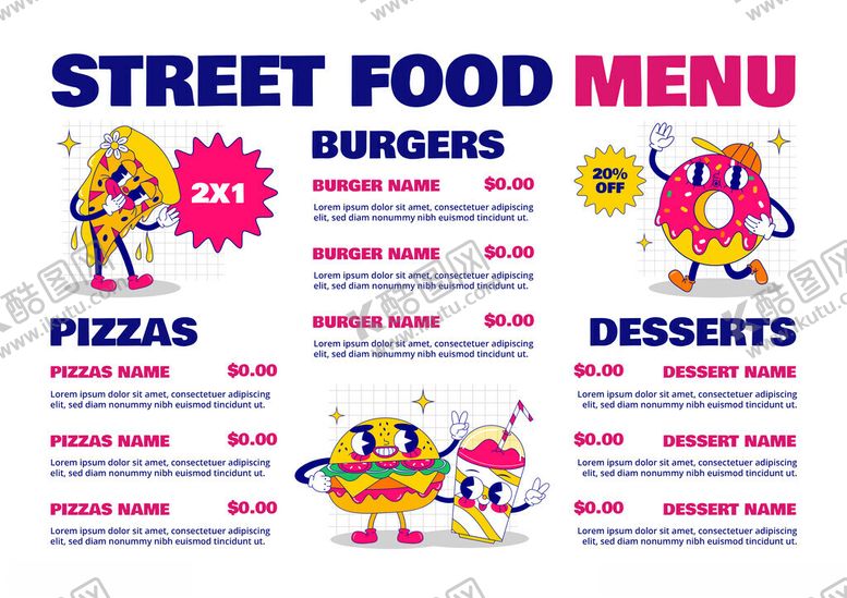 编号：68279011200338041104【酷图网】源文件下载-街头美食菜单汉堡披萨甜点