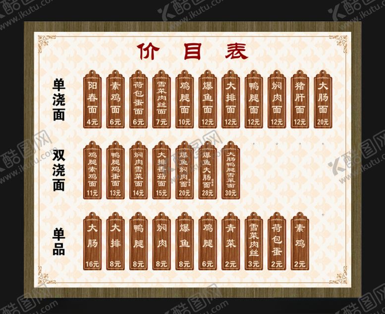 编号：82785104041325187359【酷图网】源文件下载-面条价目表