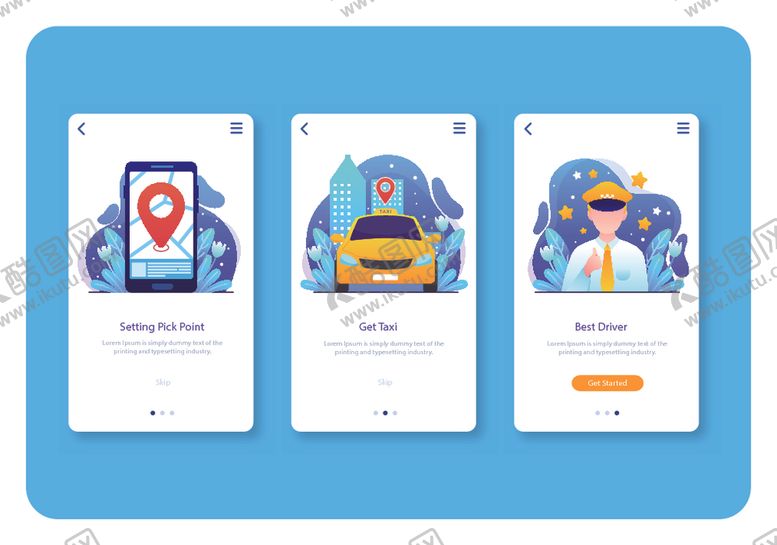 编号：79230010282119549064【酷图网】源文件下载-出行服务应用界面展示