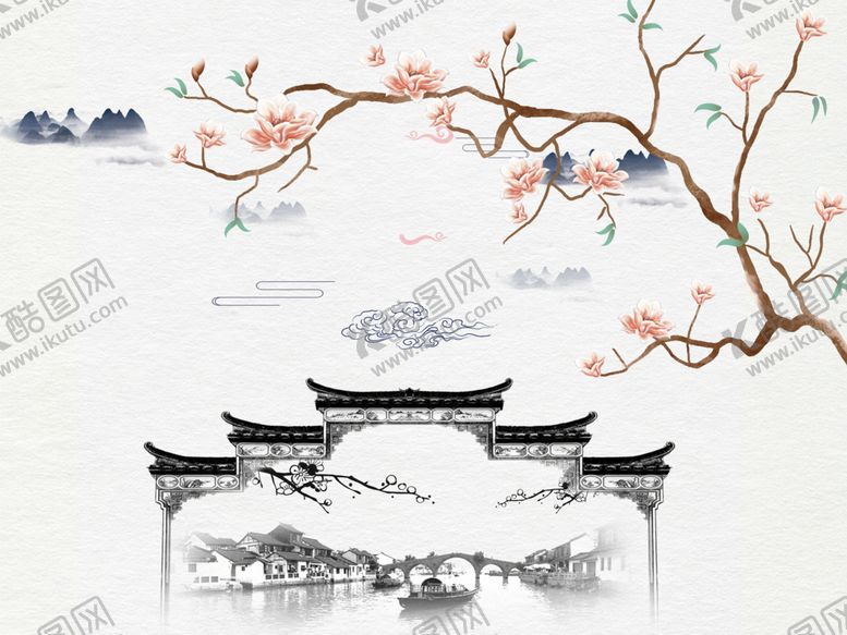 编号：31960909271352341238【酷图网】源文件下载-中式徽派水乡水墨沙发电视背景墙