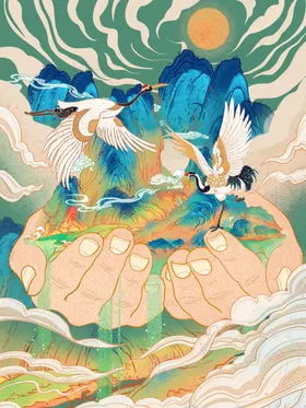 国风仙鹤山水祥瑞插画