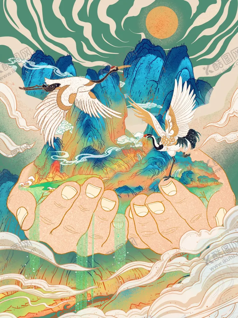 编号：10132804221641081931【酷图网】源文件下载-国风仙鹤山水祥瑞插画