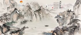 流水生财客厅背景墙上善若中式电视背景