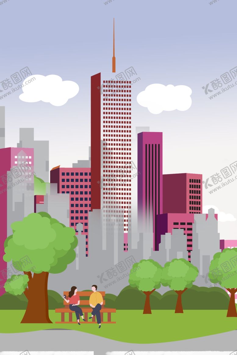编号：53479007121417002801【酷图网】源文件下载-插画风城市建筑绿化风景海报