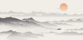 中国风手绘水墨层山风景画山水