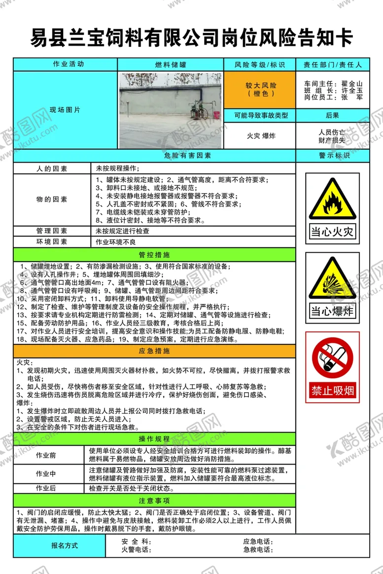 编号：36815510191432355675【酷图网】源文件下载-燃料储罐岗位风险告知卡
