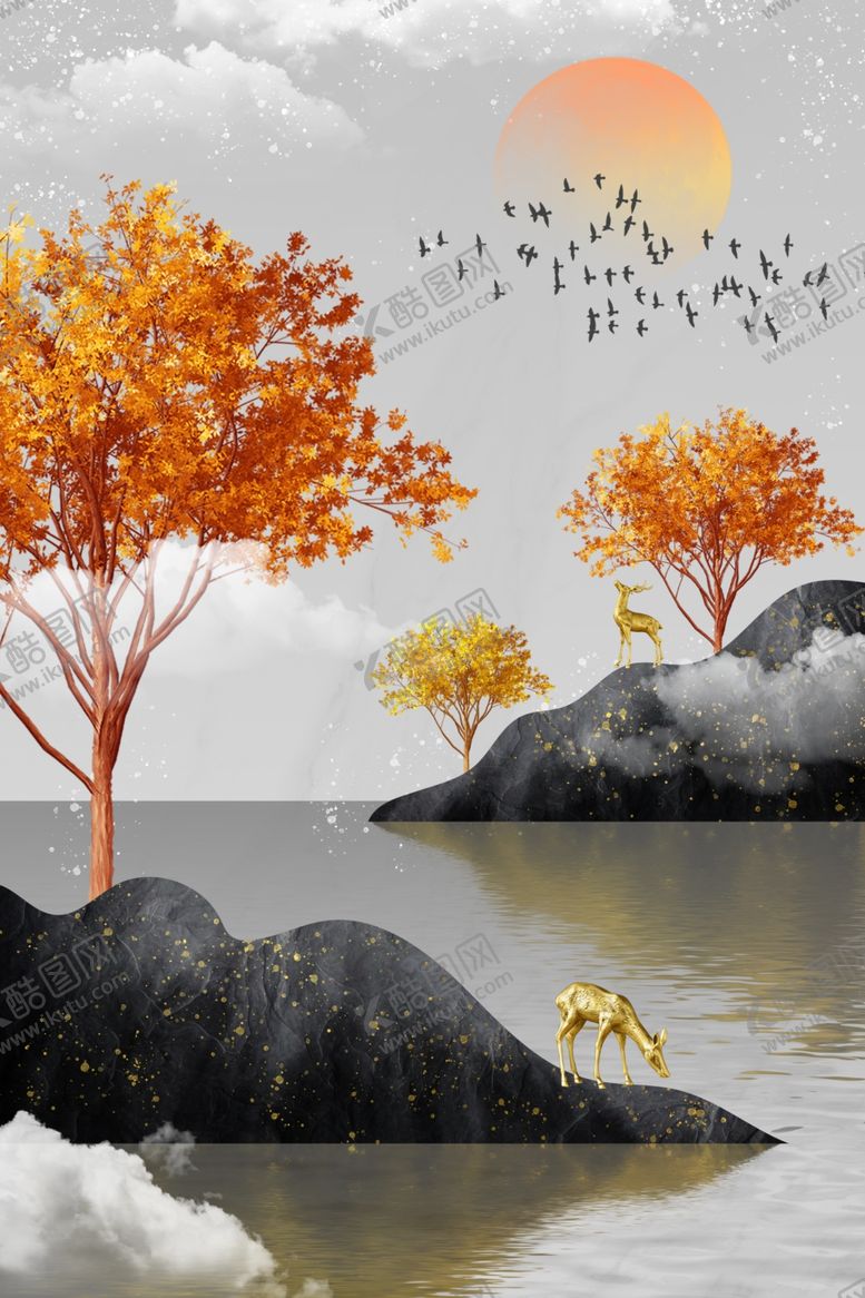 编号：62132109181918224239【酷图网】源文件下载-新中式麋鹿山水玄关画