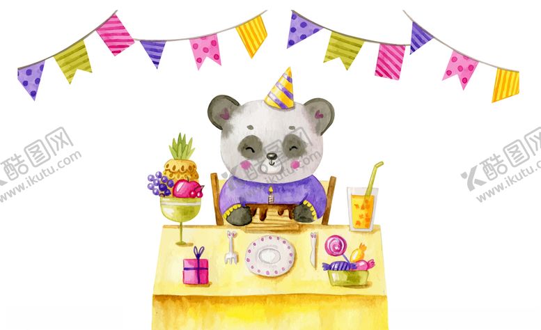 编号：72240407032205131548【酷图网】源文件下载-水彩绘过生日的熊猫