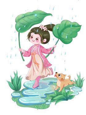 清新中国风雨水节气女孩打伞小狗