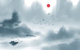 水墨山水小船背景墙