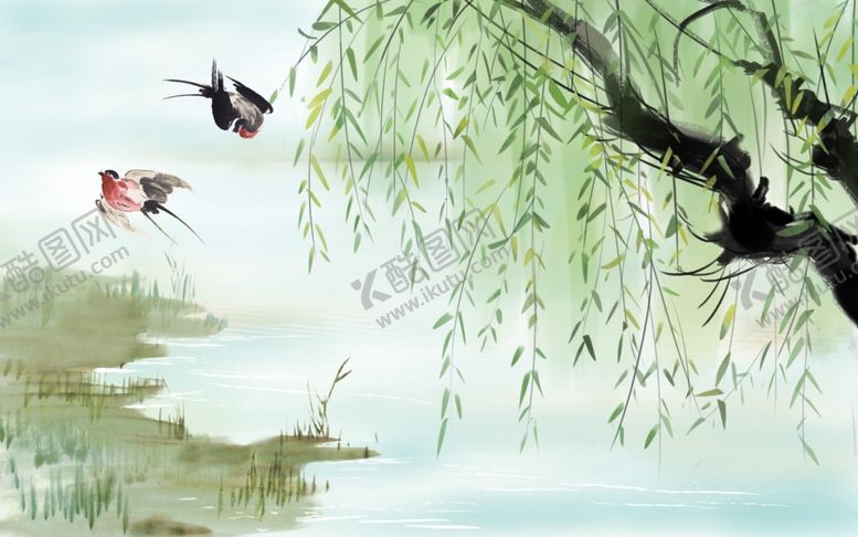 编号：91941009232217289542【酷图网】源文件下载-春季燕子柳树清新插画卡通背景