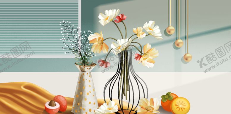 编号：88163910070528556527【酷图网】源文件下载-花瓶插花与水果装饰场景