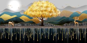 新中式鎏金线条山水麋鹿装饰画
