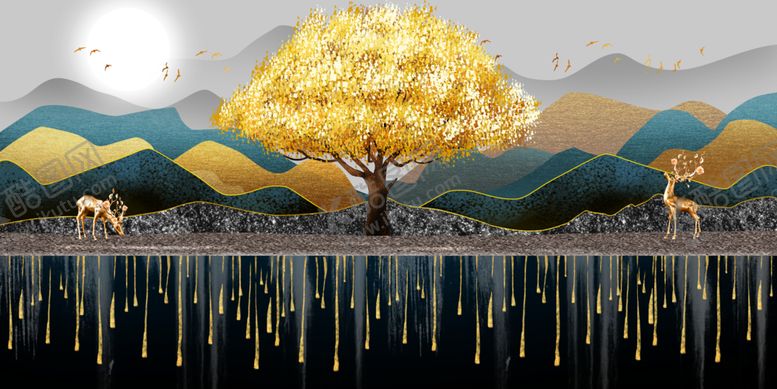 编号：47368205121442517089【酷图网】源文件下载-新中式鎏金线条山水麋鹿装饰画