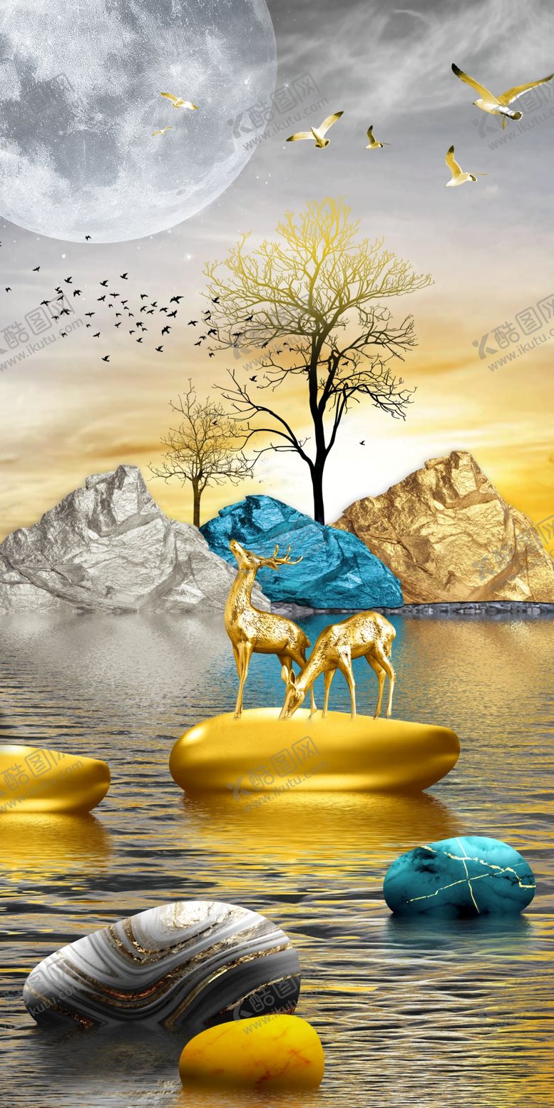 编号：54489310030619063283【酷图网】源文件下载-金色麋鹿玄关画