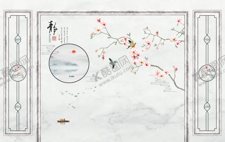 编号：99045406252253416303【酷图网】源文件下载-边框大理石花鸟造型背景墙