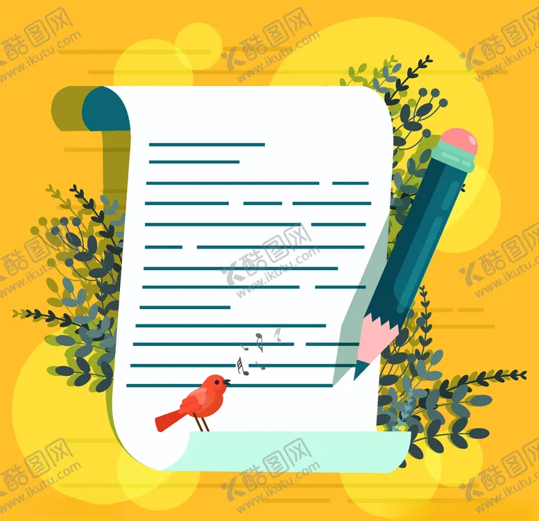 编号：73361809111538176788【酷图网】源文件下载-创意花鸟装饰信纸和铅笔