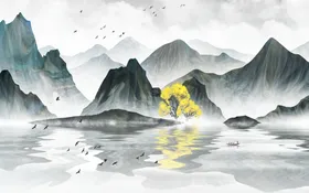 水墨山水海报背景新中式墙最新画装饰画群