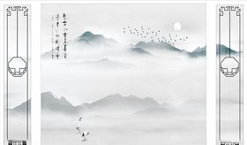 水墨山水鹤造型背景墙