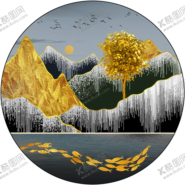 编号：11618910182238585885【酷图网】源文件下载-金色线条山水装饰画