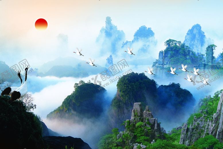 编号：15660909271149119673【酷图网】源文件下载-山水画夕阳仙鹤海报