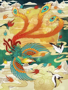 中国风百鸟朝凤插画手绘