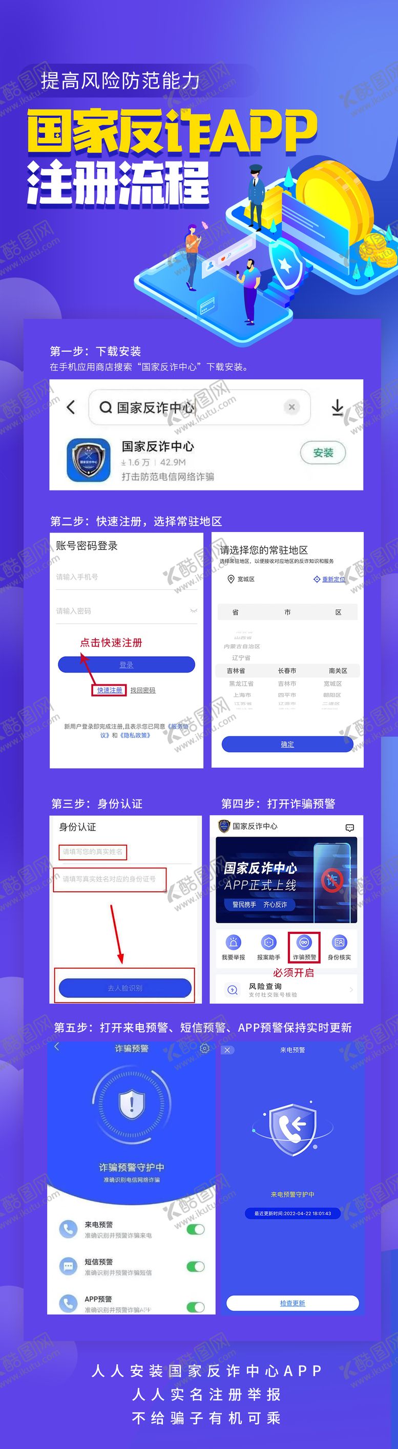 国家反诈APP注册流程简约手机专题设计
