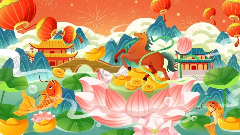 编号：55703311181729101135【酷图网】源文件下载-马年春节年年有余横板插画背景