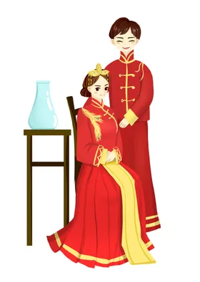 卡通新郎新娘PNG免扣素材红色情侣中国风人婚庆人物