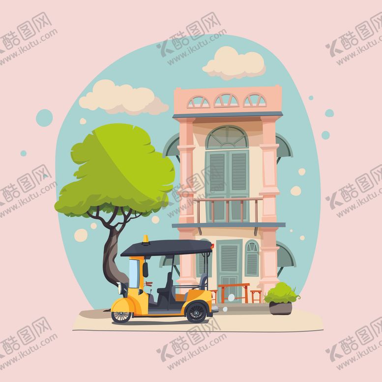 编号：24454806191133033034【酷图网】源文件下载-房屋别墅大树车辆插画
