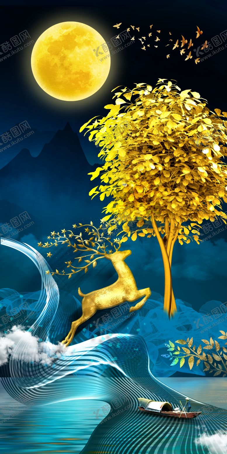 编号：66586605050848447008【酷图网】源文件下载-新中式发财树麋鹿装饰画