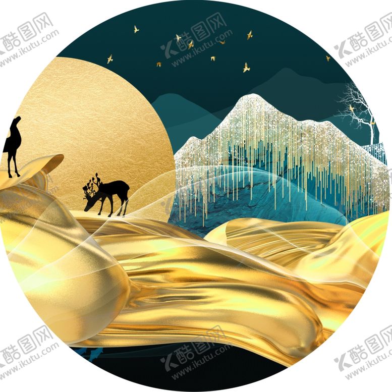 编号：87083901170520463217【酷图网】源文件下载-山脉麋鹿圆形挂画装饰画