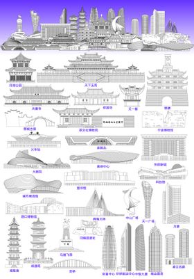 宁波地标性建筑矢量线稿