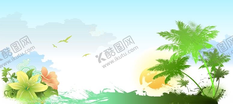编号：75131105050459351914【酷图网】源文件下载-椰子树百合花海鸥天空海浪