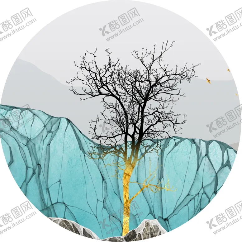 编号：34476001170532321813【酷图网】源文件下载-简约树山脉中式圆形挂画装饰画