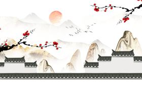 古风墙水墨梅花山水画