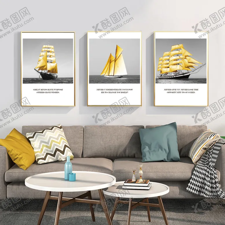 编号：74892901202133121544【酷图网】源文件下载-金色帆船高清三联挂画装饰画