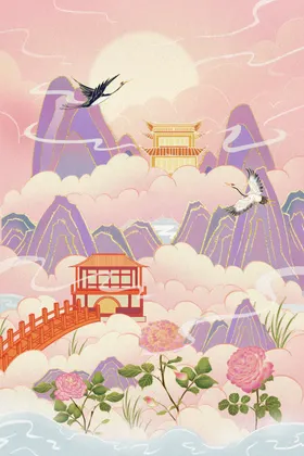 手绘花鸟山水风景画海报素材潮东方宣传故宫