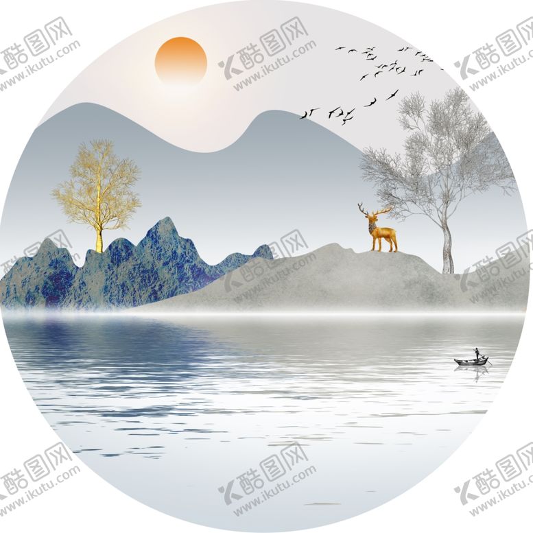 编号：80685601170418559816【酷图网】源文件下载-水墨湖泊麋鹿圆形挂画装饰画