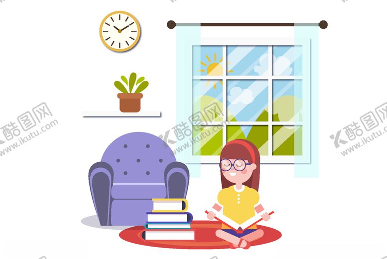 编号：34637910171049291120【酷图网】源文件下载-卡通室内女孩看书元素