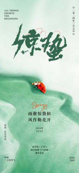 惊蛰节气海报瓢虫二十四清新绿色
