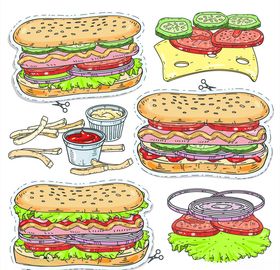素描风矢量手绘插画快餐饮食汉堡