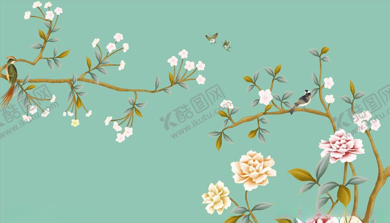 编号：12205604250152229066【酷图网】源文件下载-花鸟画花飞鸟背景墙