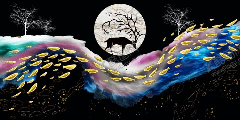 编号：83837209140120328550【酷图网】源文件下载-轻奢鱼群三联画