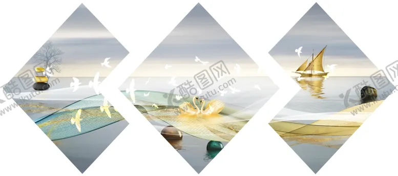 编号：45257707012318362387【酷图网】源文件下载-新中式金色鸽大海帆船天鹅装饰画