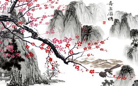 水墨山水梅花喜上眉梢背景