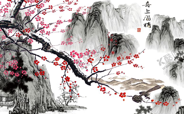 编号：95931607121746228130【酷图网】源文件下载-水墨山水梅花喜上眉梢背景