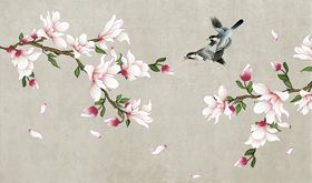 花鸟画手绘画鸟玉兰背景墙
